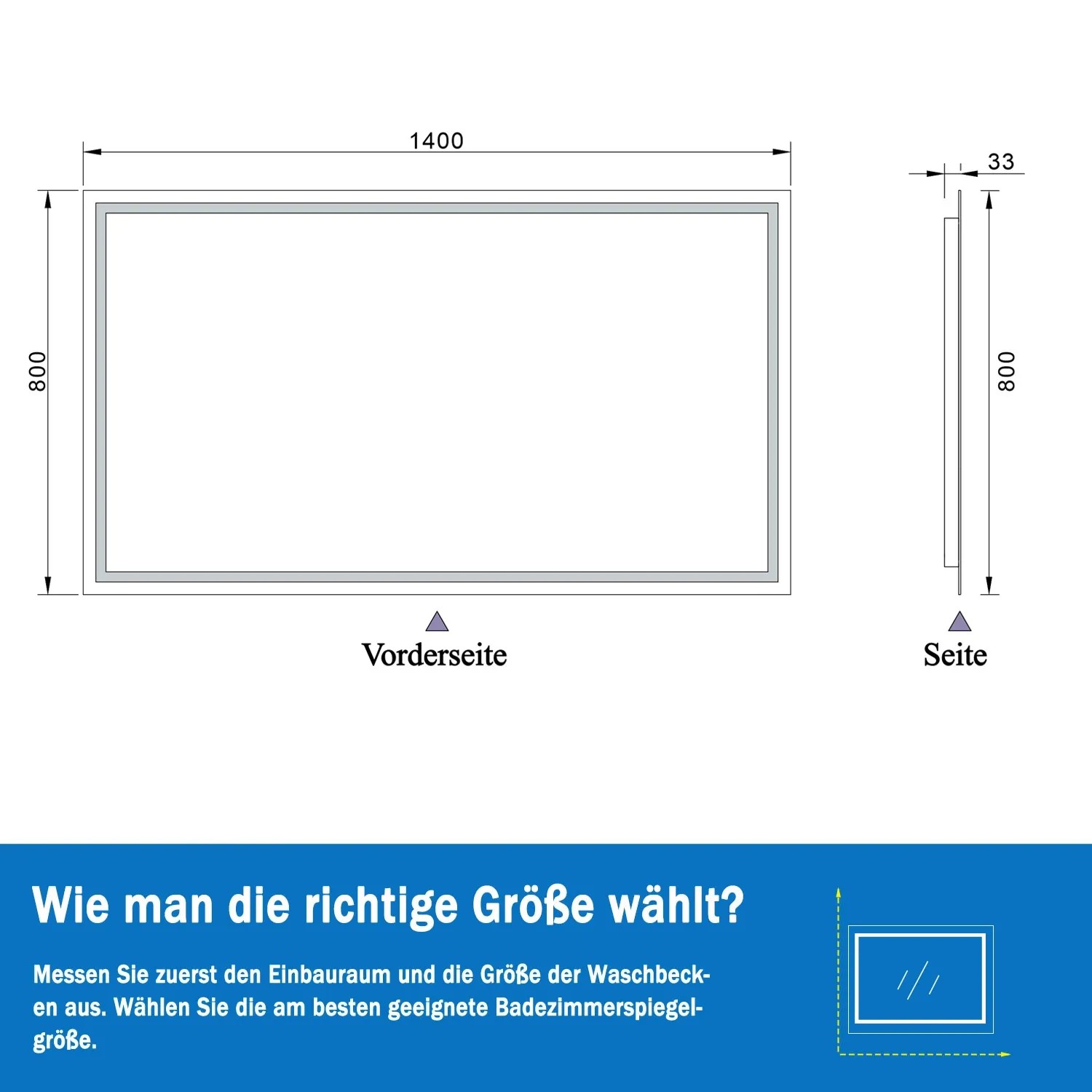 Skizze: Aica Sanitär Badspiegel 140x80 cm mit Maßen, Front- und Seitenansicht.