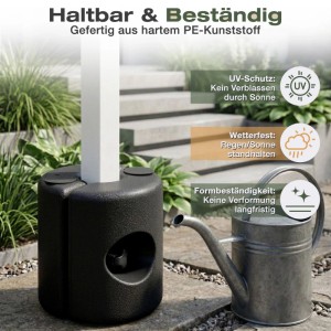 Schwarzer, befüllbarer Pavillon Standfuß aus HDPE mit weißer Stange im Garten. UV-beständig & wetterfest für Markisen & Sonnenschutz.