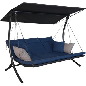 Angerer Hollywoodschaukel Swing Smart Denim, 3-Sitzer mit Sonnendach und blauen Kissen.