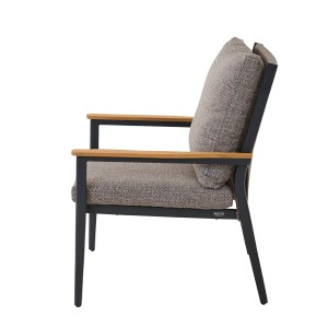Siena Garden Sessel Liguria Comfort Plus mit Kissen, anthrazitfarbenem Gestell und Teakholz-Armlehnen.