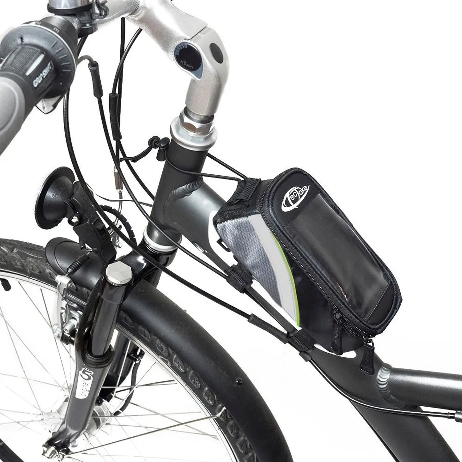 Tectake Fahrradtasche am Fahrradrahmen, wasserabweisend, schwarz, grau und grün.
