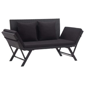 Schwarze furnicato Gartenbank aus Polyrattan mit Auflagen und Kissen, 176 cm breit.