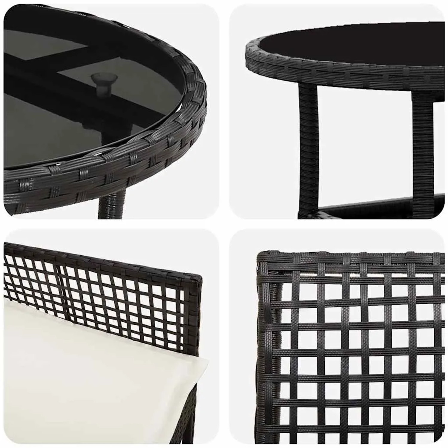 vidaXL Garten Essgruppe, 5-tlg., schwarz, Poly Rattan, Tisch mit Stühlen und Kissen, Detailansichten.