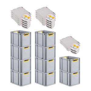 PROREGAL Spar Set: 10 graue Euroboxen mit gelben Griffen und Scharnierdeckel, gestapelt.