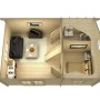 Grundriss Alpholz Gartenhaus Arizona mit Satteldach, unbehandelt, zeigt Wohn-, Schlafbereich und Treppe.