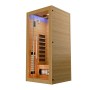 Artsauna Infrarotkabine Kiruna90 Premium aus Hemlock-Holz mit Glastür und Innenansicht.