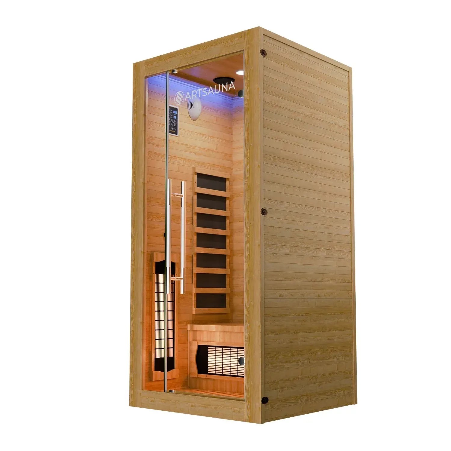 Artsauna Infrarotkabine Kiruna90 Premium aus Hemlock-Holz mit Glastür und Innenansicht.