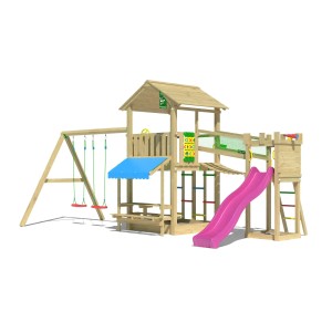 Jungle Gym Spielturm Cascade mit 2 Schaukeln, Brücke und Rutsche in Fuchsia. Holz-Spielanlage für Kinder.