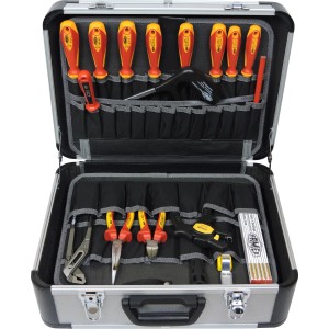 Famex Elektriker Werkzeugkoffer 478-10, gefüllt mit Schraubendrehern, Zangen und weiterem Werkzeug.