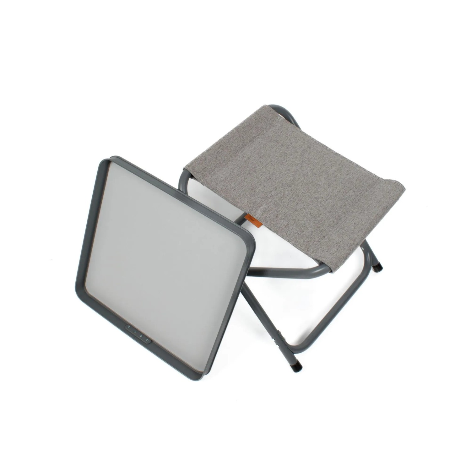 Grauer Camping Klapphocker 'Titan' mit Tischauflage, ideal als Campingtisch, Angeltisch oder Balkontisch.