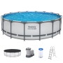Großer Bestway Framepool Steel Pro Max, lichtgrau, mit blauem Wasser, Stahlrahmen und Zubehörset.