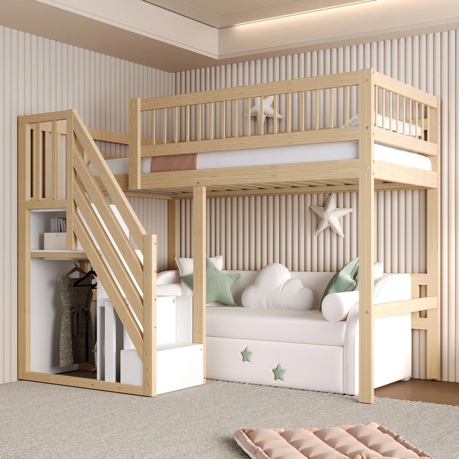 Merax Massivholzbett 90x200cm Treppe Stauraumschrank Holzfarbe