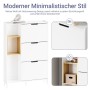Weißer schmaler Schuhschrank mit 3 Klappen und offenem Bambusfach. Ideal für Flur, 90x129,5x19cm.