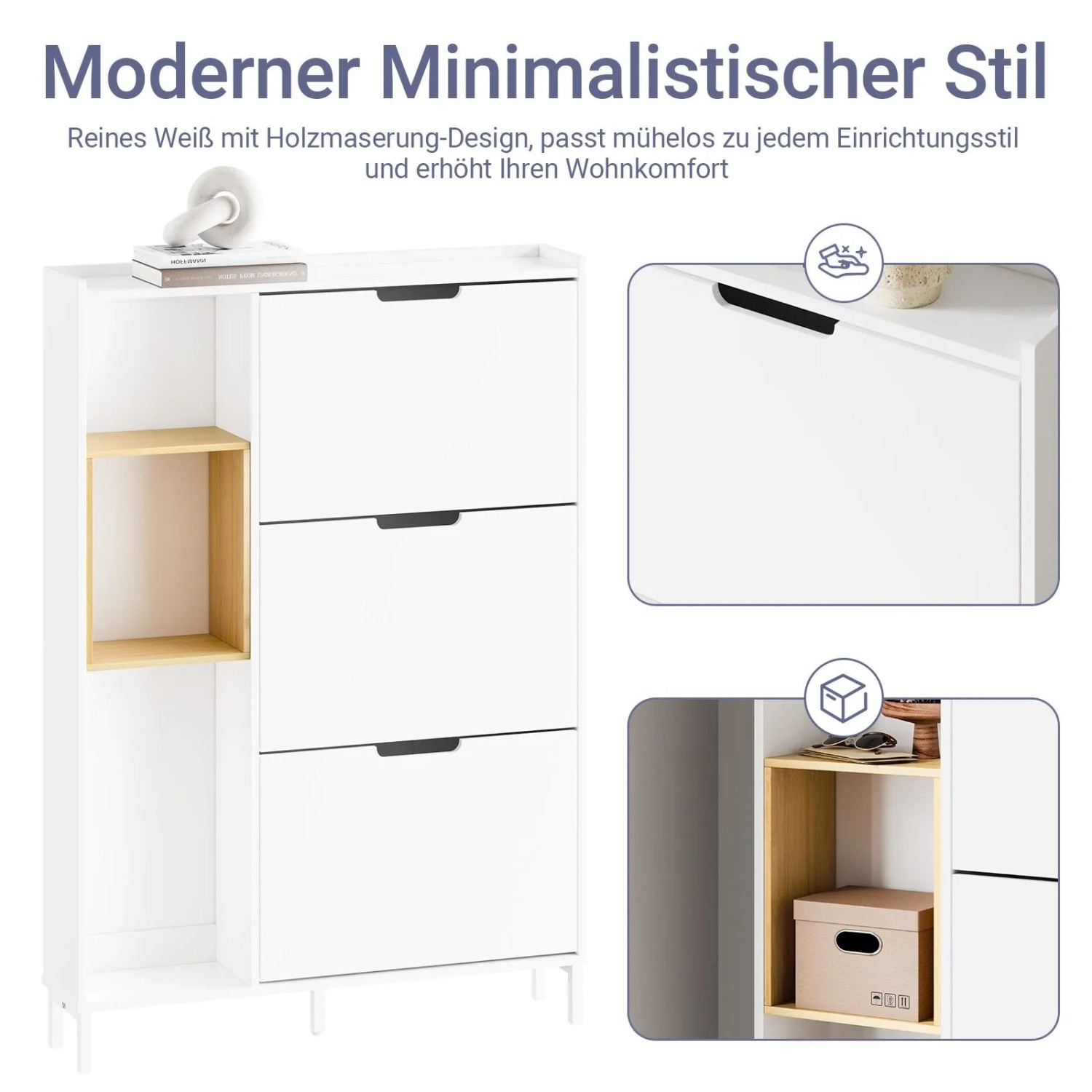 Weißer schmaler Schuhschrank mit 3 Klappen und offenem Bambusfach. Ideal für Flur, 90x129,5x19cm.
