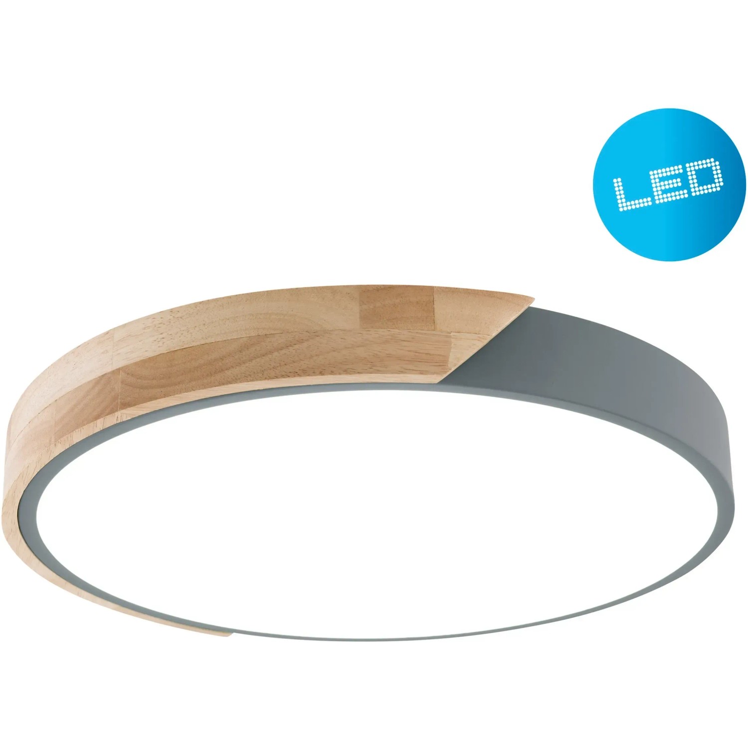 Graue LED-Deckenleuchte Borneo (Ø 31 cm) mit Holz- und Acryl-Elementen für warmweißes Licht.