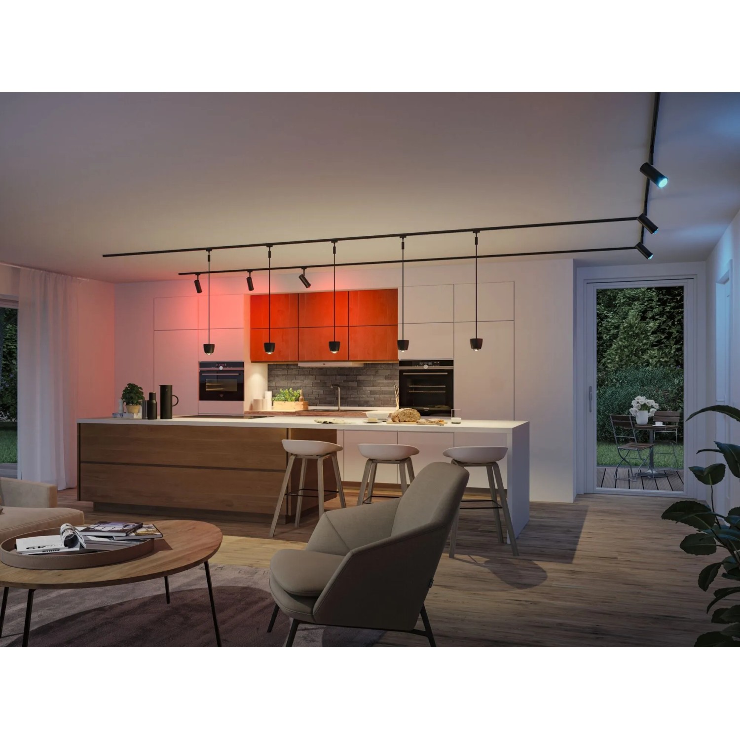 Paulmann URail LED-Schienensystem mit schwarzen RGBW Spots in moderner Küche. Dimmbares, smartes Licht für Wohnbereiche.