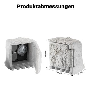 Graue Gartensteckdose in Steinoptik, offen mit 2 Steckdosen und Zeitschaltuhr, geschlossen mit Produktmaßen.