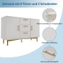Weiße Merax Kommode mit 2 Türen, 3 Schubladen, geriffelter Front, goldenen Metallgriffen und -füßen. Moderner Wohnzimmerschrank.