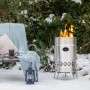 Feuerhand Pyron Feuertonne aus Edelstahl (25 l) im Garten mit brennendem Feuer.