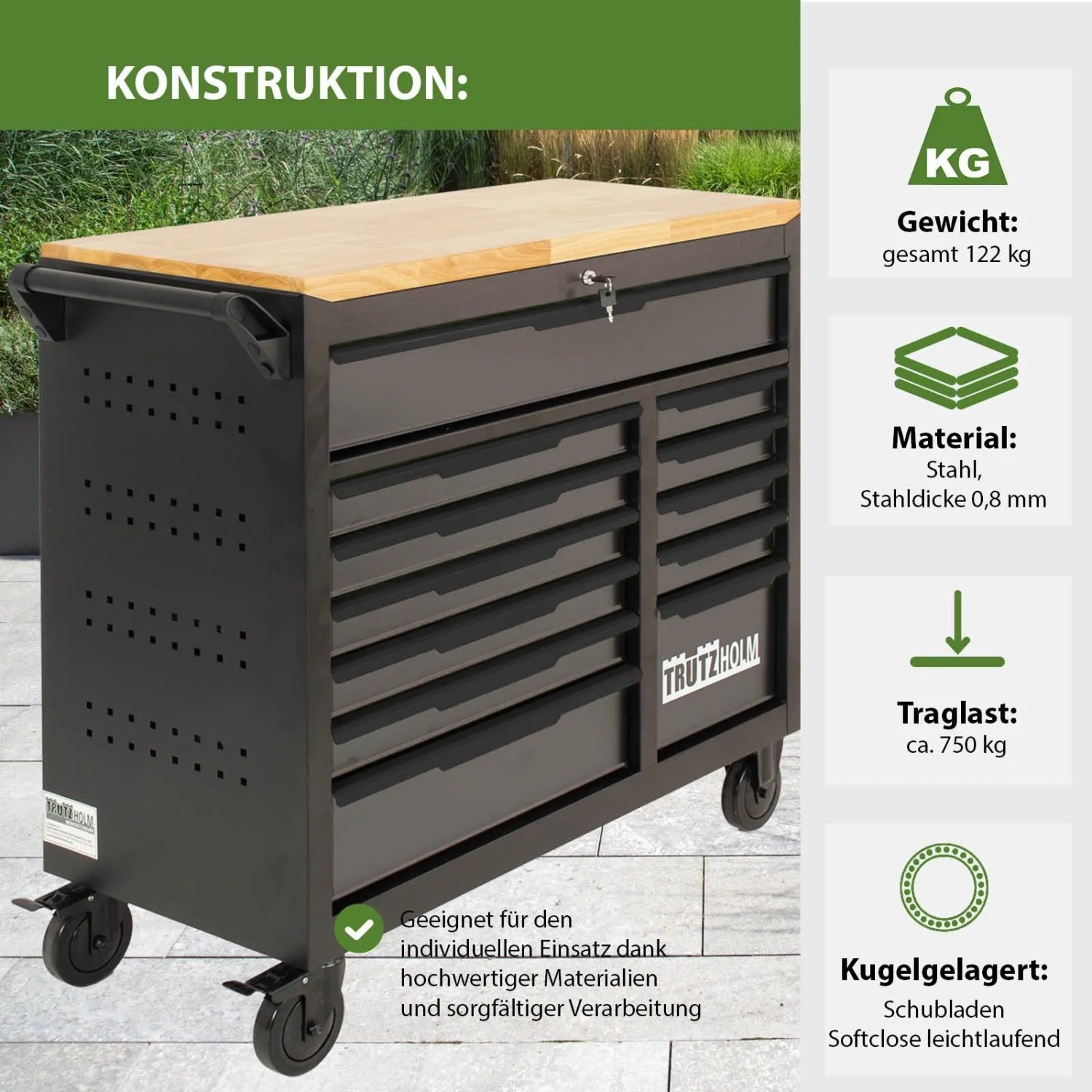 TRUTZHOLM Werkstattwagen Star XL, unbestückt, mit 12 Schubladen, Stahl, schwarz/grau, mit Holzplatte.