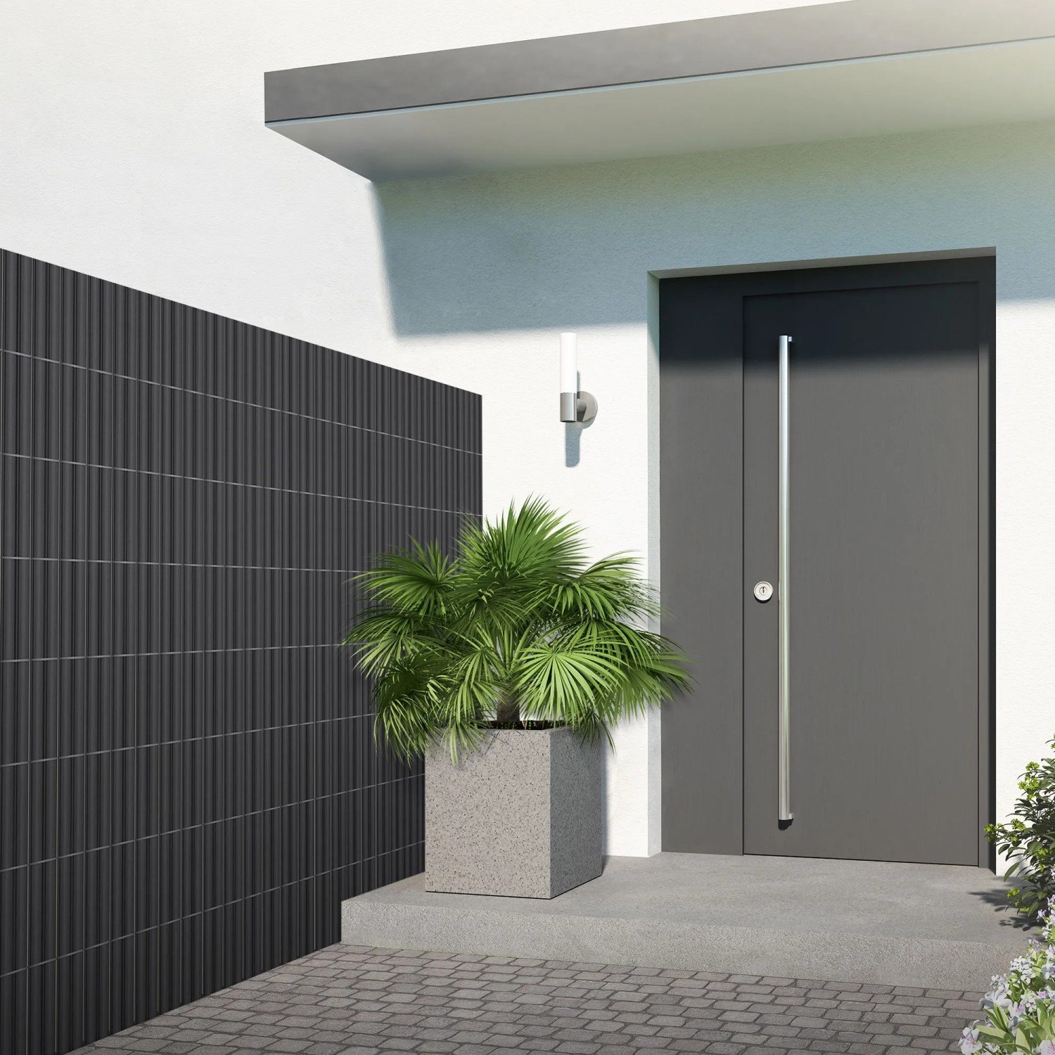 Anthrazitfarbene PVC Sichtschutzmatte 140x400 cm als Wind- und Sichtschutzzaun im Garten.