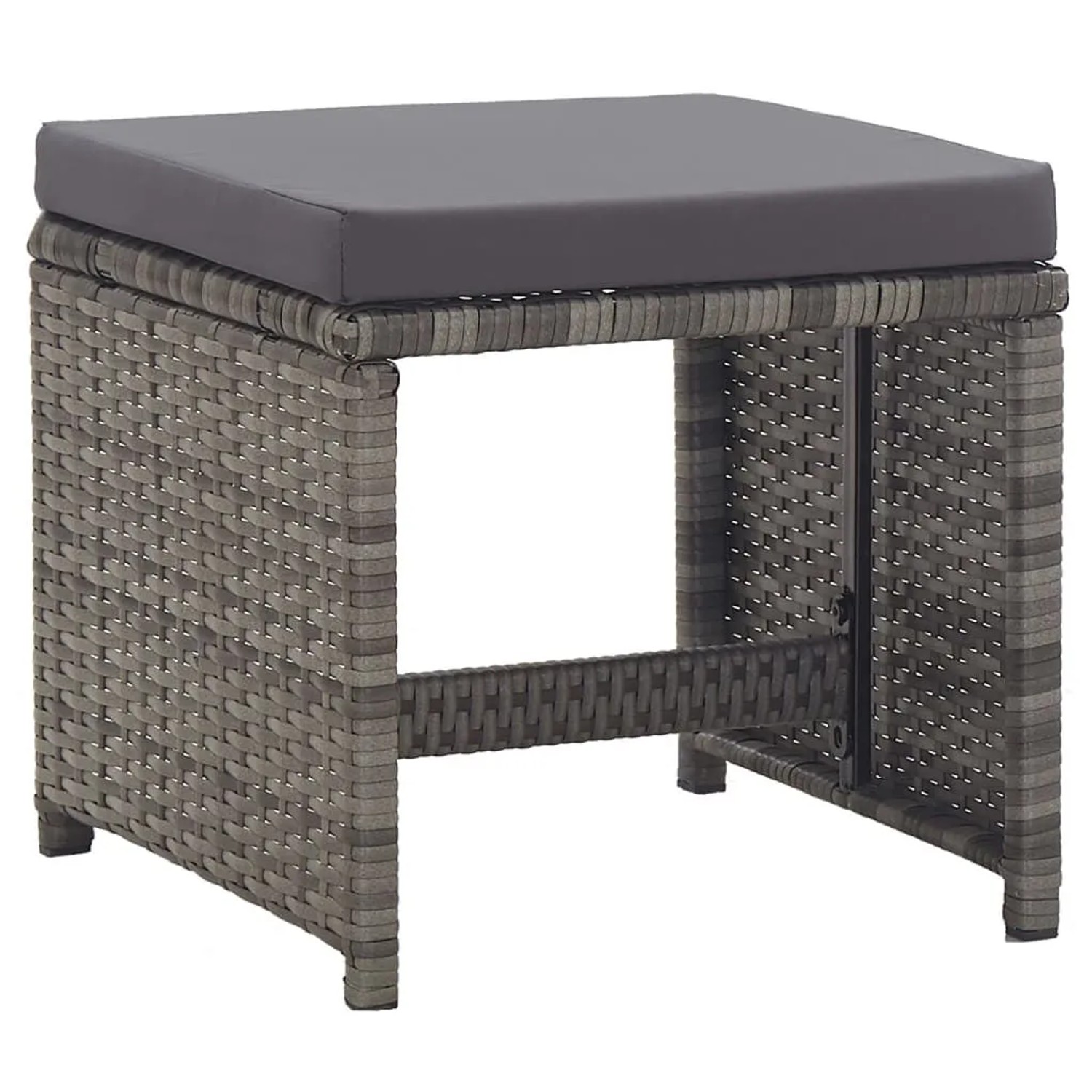 Anthrazitfarbener Gartenhocker aus Rattan mit dunklem Sitzkissen.