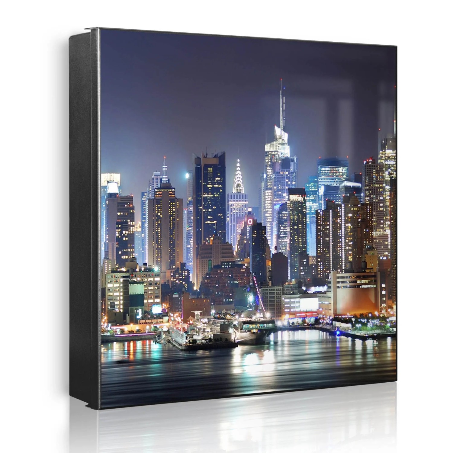 Banjado Großer Schlüsselkasten Metall 30x30cm Schwarz Scharnier Links 50 Haken Beschreibbar Magnetisch Motiv New York