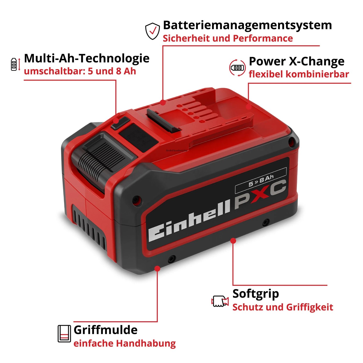 Einhell 18V 5-8Ah Multi-Ah PXC Plus Akku, rot-schwarz, mit Softgrip, Griffmulde und Batteriemanagement.