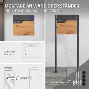 ML-Design Briefkasten in Anthrazit mit Holzoptik und Zeitungsfach, Montage an Wand oder Ständer.