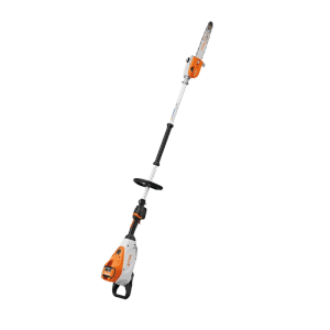 Stihl Akku-Hochentaster HTA 150, orange-grau, mit langem Schaft und Kettensägenkopf für Baumpflege.