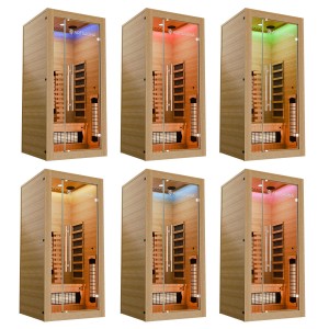 Artsauna Infrarotkabine Kiruna90 Premium, verschiedene Farblicht-Optionen. Hemlockholz und Glasfront.