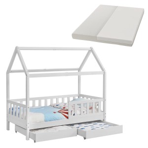 Weißes Juskys Kinderbett Marli 90x200 mit Bettkasten, Matratze und Lattenrost im Haus-Design.