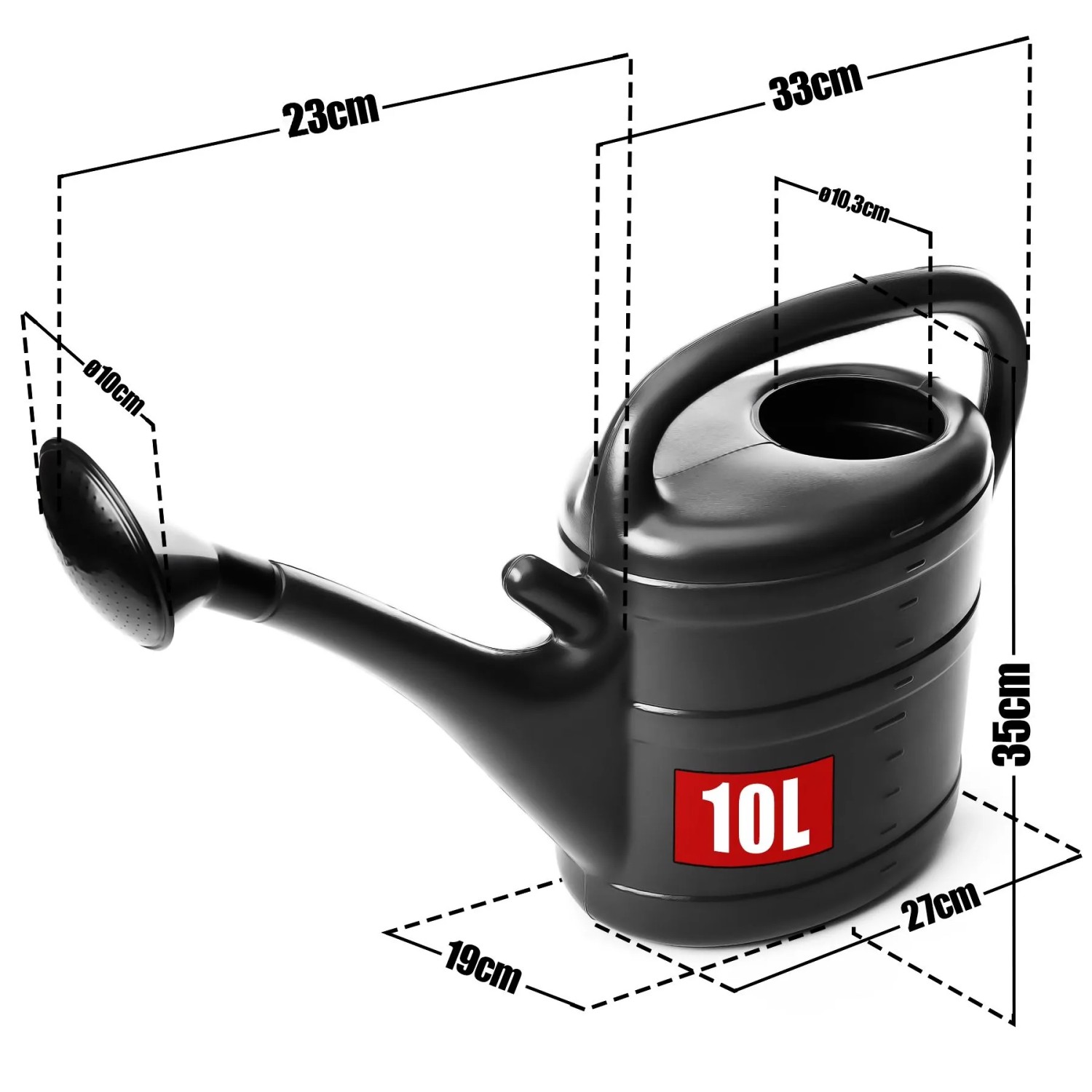 Anthrazitfarbene 10 Liter Gießkanne aus Kunststoff mit Brausekopf und Maßen für Garten & Pflanzen.