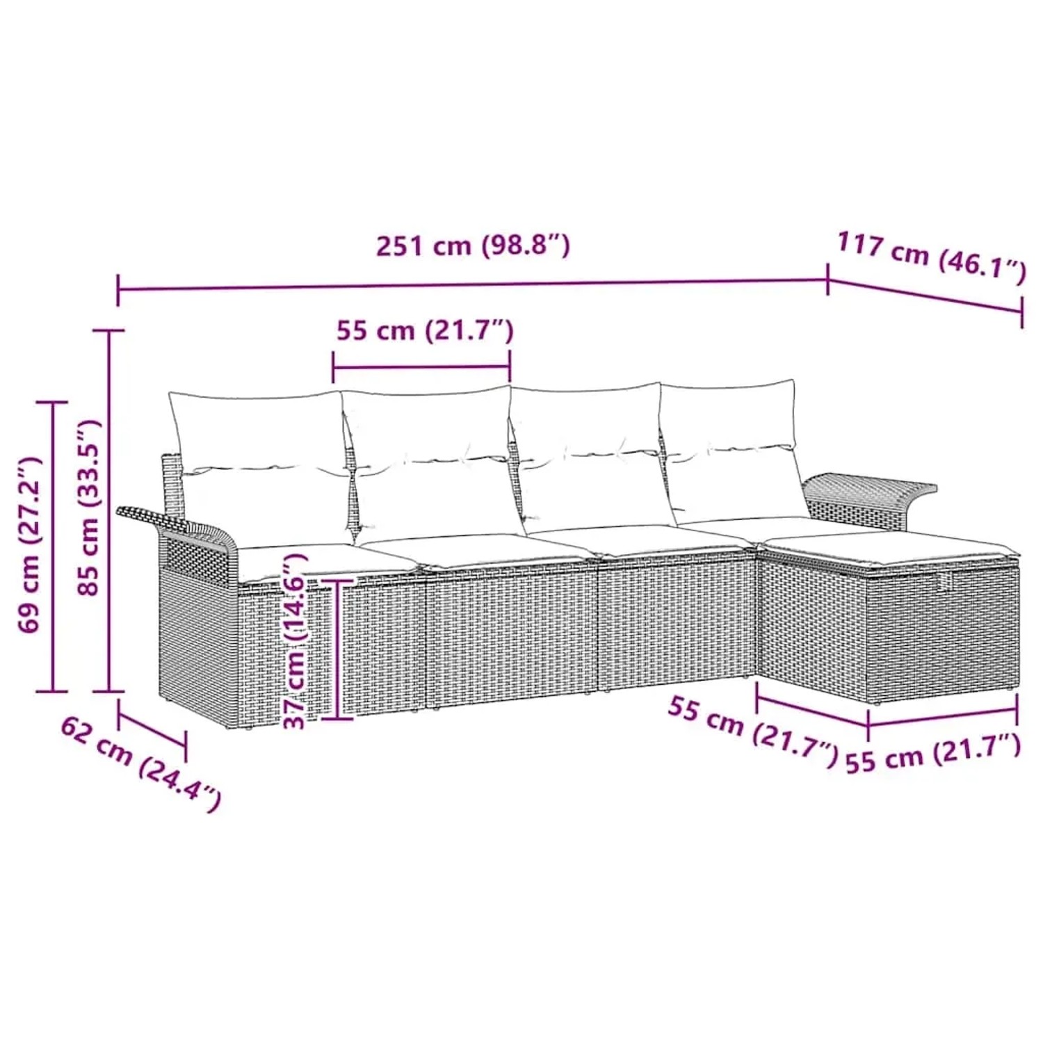 vidaXL Garten-Sofa-Set, 5-teilig, beige Poly Rattan, mit Maßen. Ideal für Terrasse und Garten.