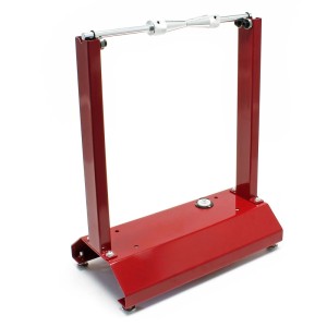 Roter Wiltec Auswuchtbock aus Stahl für Motorradräder. Präzises Auswuchten von Felgen und Reifen bis Ø29mm.