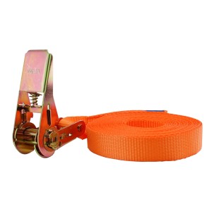 Orangefarbener Spanngurt mit Ratsche, 6m lang, zur Ladungssicherung bis 1000kg.