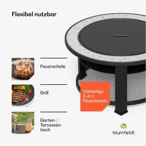 Blumfeldt Merano Circolo 3-in-1 Feuerschale/Grill/Tisch, rund, weiß, mit Grillfunktion und Ablage.