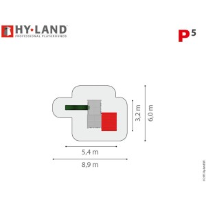 Draufsicht Hy-Land Spielgerät P5: Maße und Anordnung von Rutsche, Kletterwand und Sandkasten.