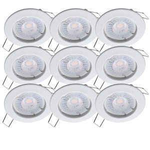 9er Set weiße LED-Einbaustrahler mit warmweißem Licht für Deckenmontage.