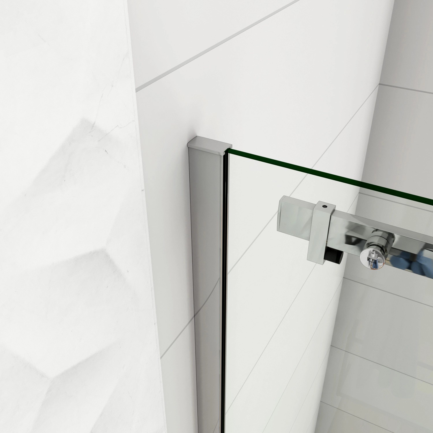 Detailaufnahme: AICA Duschkabine mit Schiebetür, 8mm ESG-Glas und Chromrahmen.