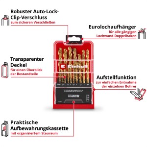 Einhell HSS-G Titan Metallbohrer-Set, 19-teilig, in roter Kassette mit transparentem Deckel.