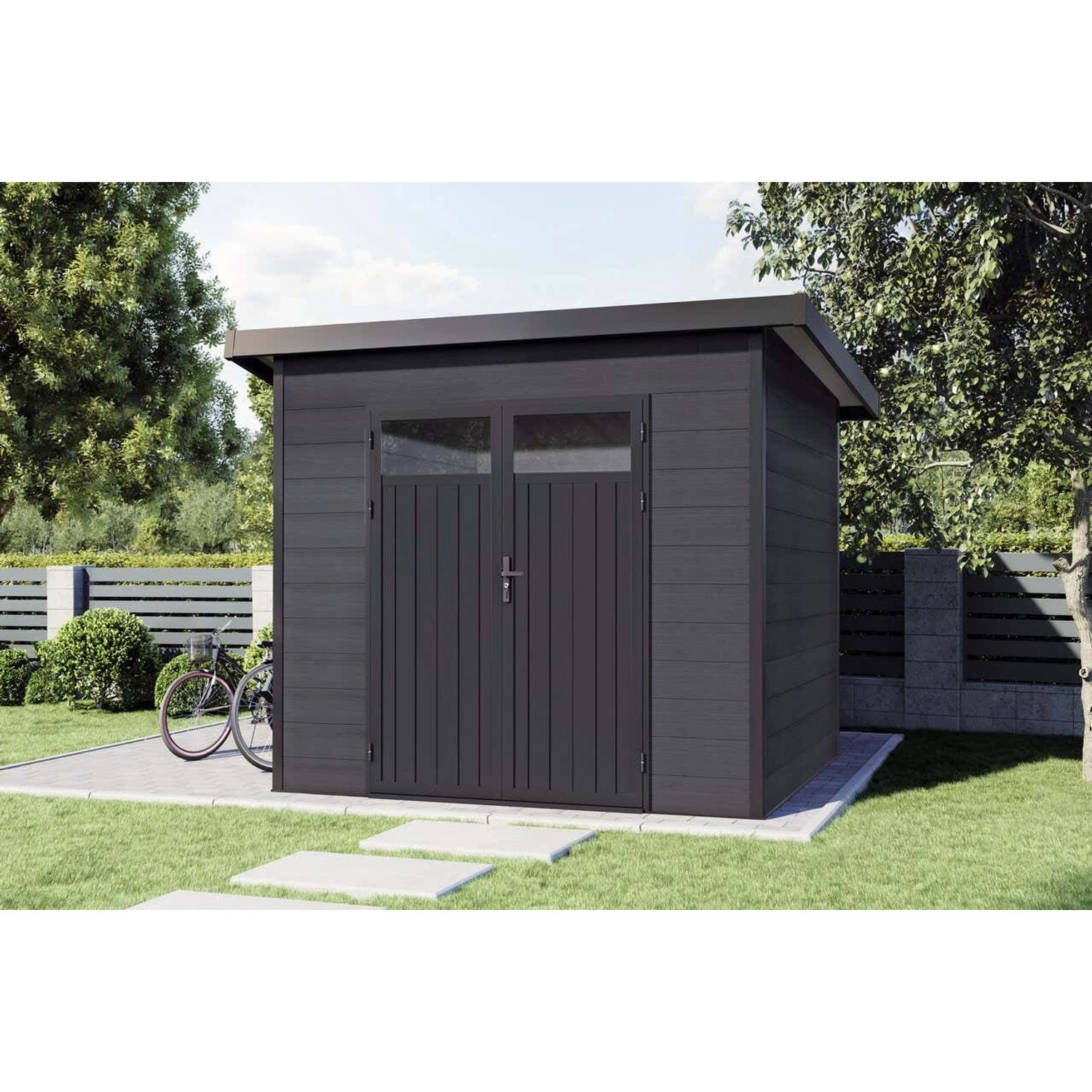 Modernes, anthrazitfarbenes Finnhaus Wolff WPC Gerätehaus Vitale 2420 19 mit Pultdach im Garten.