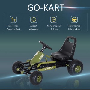 Grünes HOMCOM Go Kart Tretfahrzeug für Kinder mit schwarzem Sitz, Lenkrad und Handbremse. Verstellbarer Sitz.