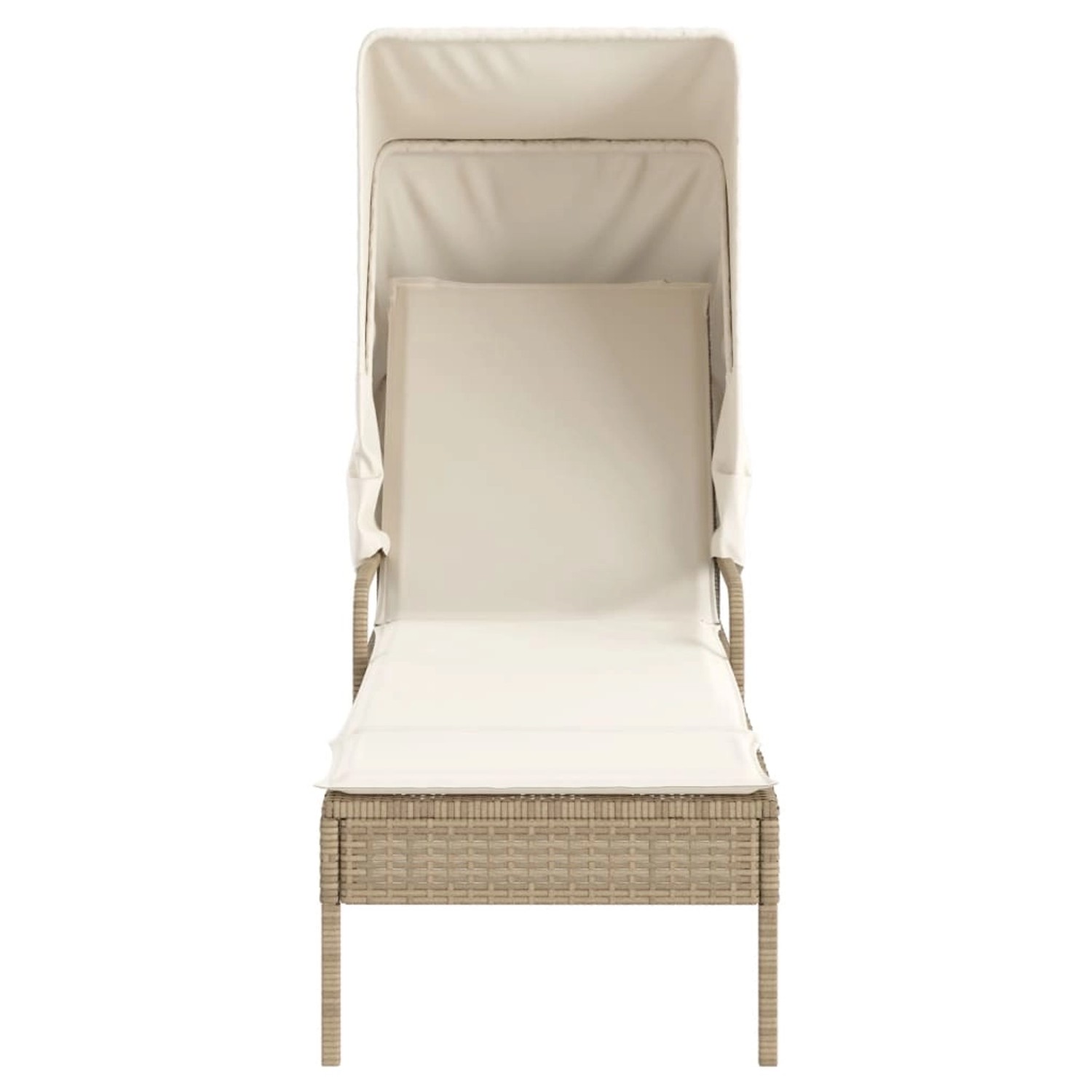 Beige Sonnenliege mit Dach und Tisch aus Poly Rattan, ideal für entspannte Stunden im Garten.