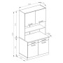 Skizze des weißen Vicco R-Line Küchenblocks 100 cm mit Marmor Arbeitsplatte, Maße eingezeichnet.