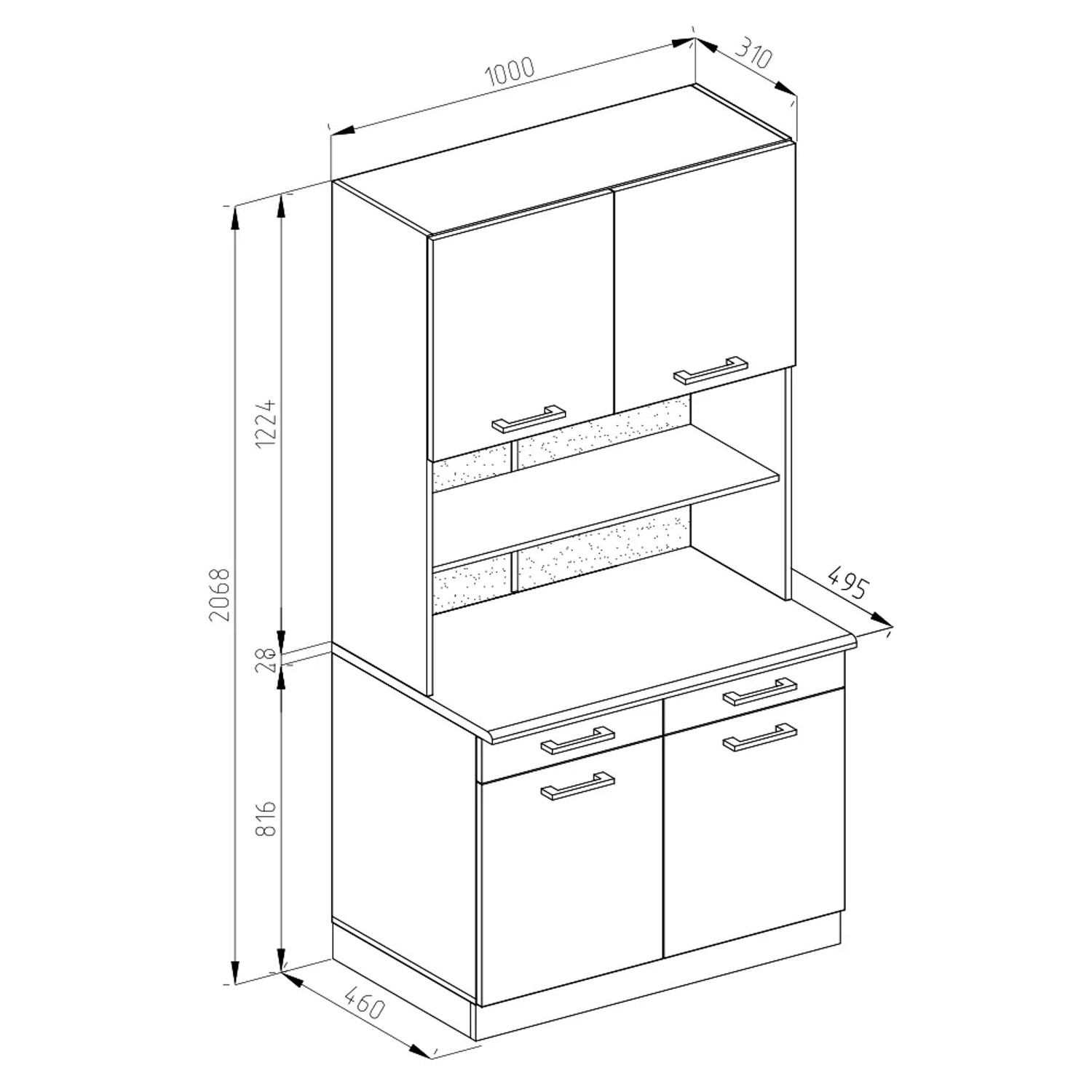 Skizze des weißen Vicco R-Line Küchenblocks 100 cm mit Marmor Arbeitsplatte, Maße eingezeichnet.