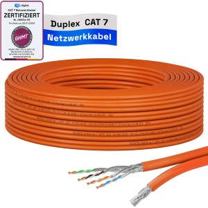 Orangefarbenes hb-digital CAT 7 Duplex Ethernetkabel (15m) auf Rolle, mit freigelegten Adern.