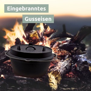 Holz4home Dutch Oven Set (9-teilig) aus Gusseisen vor Lagerfeuer. Grillutensil mit Zubehör.