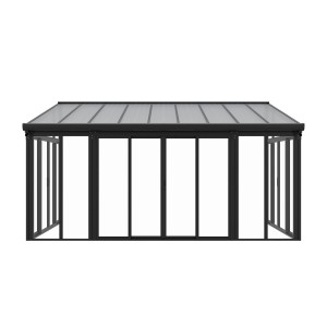 Dunkelgrauer Juskys Wintergarten mit Polycarbonat-Wänden und Schiebetüren.