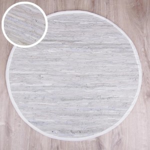 Weißer, runder Bestlivings Leder Flickenteppich, 150 cm Durchmesser. Moderner Teppich aus Lederstreifen.